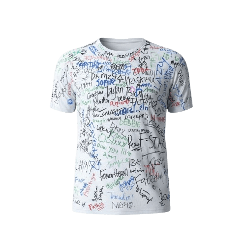 A digital sign-out shirt covered in classmates' handwritten signatures